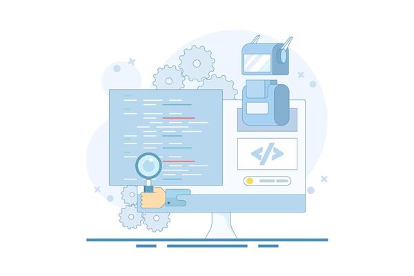 Artificial intelligence coding concept, code development automation, AI code assistance, AI agent coding, robot coding itself. Using AI bots to write programming code. Flat illustration.