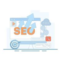 SEO Optimization Concept. Computer with Target and Graphics. Social Media Marketing. Search Engine with Laptop Computer Search Input. Flat Illustration Design on Background. vector