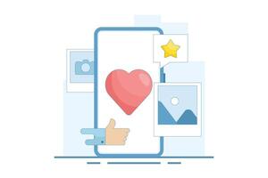 Social media and technology concept with smartphone, such as buttons and geometric shapes, chat. Online social communication app concept. Simple flat design illustration on background. vector