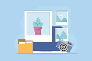 Photo gallery concept, photos on campaign monitor Photo image file display and image storage, Photo gallery image on campaign monitor. Modern flat cartoon design illustration on background. vector