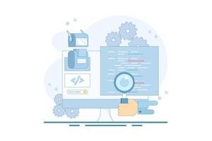 Artificial intelligence coding concept, code development automation, AI code assistance, AI agent coding, robot coding itself. Using AI bots to write programming code. Flat cartoon illustration vector