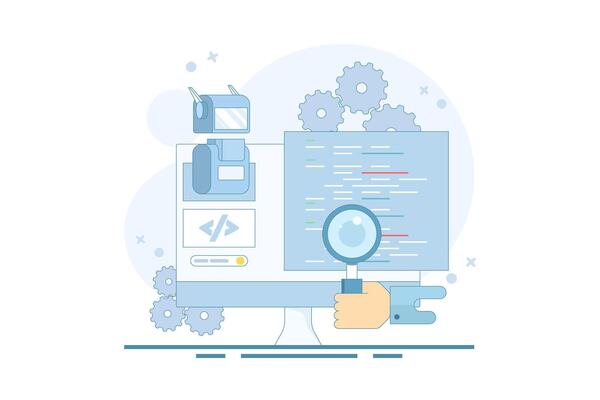 Artificial intelligence coding concept, code development automation, AI code assistance, AI agent coding, robot coding itself. Using AI bots to write programming code. Flat cartoon illustration