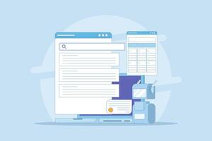 AI based search result concept, Artificial intelligence integrated with search engine, AI search result. AI search application, displaying content based on data. Simple flat cartoon illustration. vector