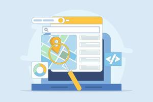 SEO friendly code writing concept for websites, Website code, Search engine optimization strategies for organic ranking. Website ranking on search results, Flat cartoon illustration in the background. vector