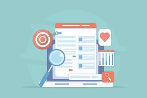 Website Optimization Strategy Concept, Website Analysis Report, SEO Target Marketing, Digital Advertising Campaign Report. search engine optimization, search engine optimization. Simple illustration. vector