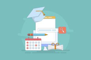 Online Education Concept on E-learning Application Website Internet Class Webinar Digital Class Online Tutorial. about application learning, education platform. flat cartoon illustration on background vector