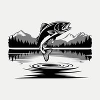 Stylized fish leaping from a lake with mountain and tree backdrop vector