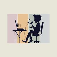 Silhouette of a person with a microphone and laptop on a desk, colorful striped background vector