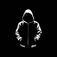 A monochrome graphic of a hooded figure, presented in a high-contrast style with clean lines and distinct shapes vector