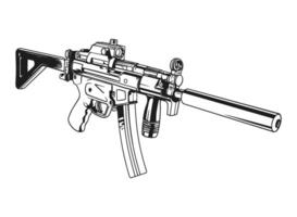 Monochrome illustration of an MP5 submachine gun with detailed line work, isolated on a white background vector