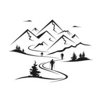 Stylized mountain scene with hikers, pine trees, and dramatic cliffs in monochrome vector