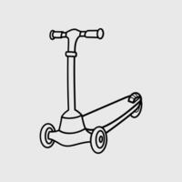 Black and white illustration of a three-wheeled kick scooter. vector