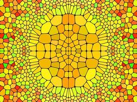 A vibrant mosaic pattern with warm yellow, orange, and green hues, forming a symmetrical, stained-glass-like abstract design. vector