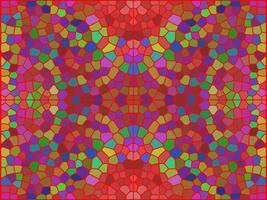 A vivid, symmetrical mosaic with red-dominated geometric patterns, creating a stained-glass effect. The intricate, colorful design resembles a kaleidoscope. vector