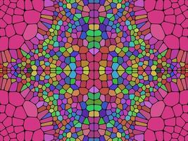 A vibrant, symmetrical mosaic pattern with colorful irregular polygons, resembling stained glass. The dominant hues include pink, green, blue, and yellow, creating a mesmerizing kaleidoscopic effect. vector
