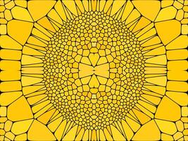A digital mosaic pattern with a yellow and black color scheme, featuring intricate, irregular shapes forming a symmetrical, sun-like design. vector
