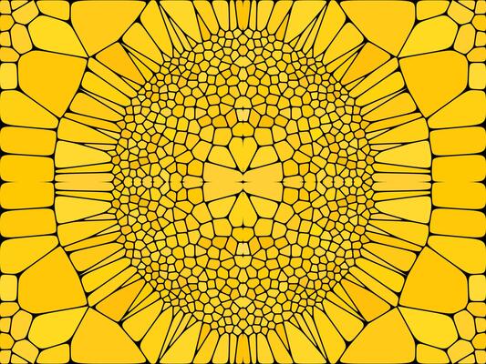 A digital mosaic pattern with a yellow and black color scheme, featuring intricate, irregular shapes forming a symmetrical, sun-like design.
