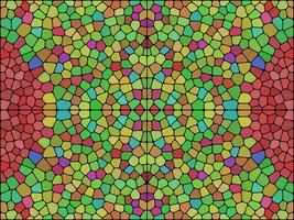 A vibrant, symmetrical mosaic pattern with colorful geometric tiles, creating a stained-glass effect with intricate details and a kaleidoscopic design. vector