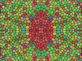 A vibrant symmetrical mosaic pattern with irregular polygonal shapes in red, green, blue, and yellow, resembling stained glass. vector