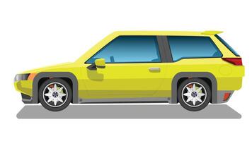 Side view of yellow car with black accents on a white background. Side profile view featuring large wheels with silver rims. Tinted windows and a rear spoiler suggesting a sport or urban design. vector