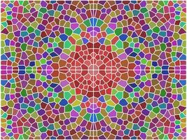 A vibrant, symmetrical mosaic pattern with colorful irregular tiles, creating a stained-glass effect with a central focal point. vector