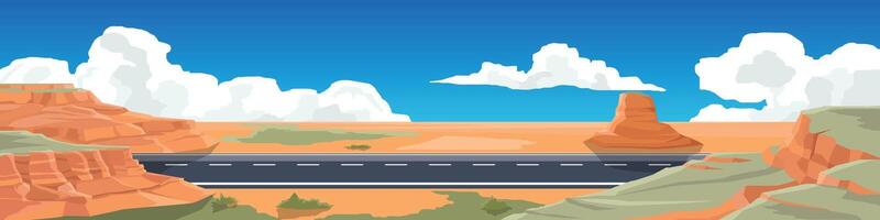 Horizontal or flat asphalt road. vast land area with hills and mountains on both sides. Mountain ranges and blue sky with white clouds. vector