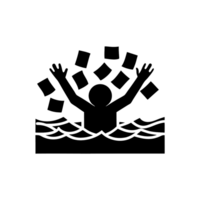 a figure struggling in water, overwhelmed and drowning under a flood of disorganized papers or documents png