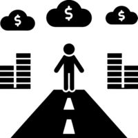 Symbolic image of a person standing at a crossroads with money and credit cards floating above, representing financial choices and decisions png