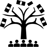 A vast tree with branches extending wide, dropping money onto people standing below, symbolizing wealth, prosperity, and financial success png