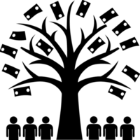 A large ancient tree with branches that spread wide, surrounded by people beneath it, symbolizing growth, prosperity, and abundance in nature png