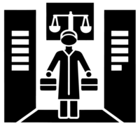 Cyberpunk style lawyer character standing in a high tech cityscape, embodying the fusion of law and advanced technology in a dystopian future png