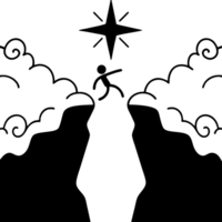 Abstract digital artwork showing a person jumping across a gap between cliffs with a shining star overhead, symbolizing hope and ambition png