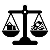 Symbolic representation of a balance scale with money on one side and a home on the other, illustrating the conflict between material wealth and personal life png