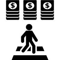 A figure walking down a financial path with clouds, money, and credit cards, representing the challenges and decisions in managing finances png