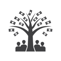 An enormous tree with sprawling branches releasing dollar bills, representing a strong connection between nature, wealth, and human growth png