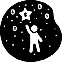 Concept of a person reaching for a star amidst a cosmic background filled with glowing dollar signs, symbolizing financial aspirations and dreams png