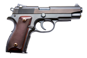 Detailed close up of a semi automatic handgun on white, perfect for visual design projects png