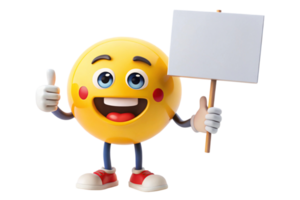 Cute emoji character holding a blank placard with a cheerful expression and thumbs up gesture. png