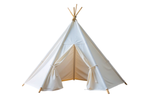 Simple and modern white canvas teepee tent with wooden structure, placed on a light wooden floor for a stylish and serene indoor setting png