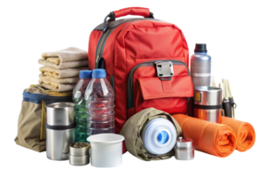 Comprehensive survival pack including a backpack, blankets, and essential tools for emergency situations png