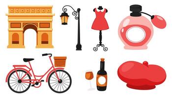 A set of cartoon illustrations representing objects reminiscent of Paris vector