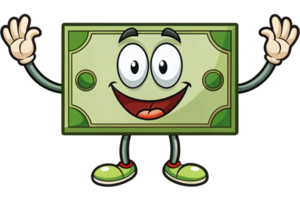 Fun and happy dollar bill cartoon mascot with a smiling face, thumbs up, and energetic pose, symbolizing wealth and economy png