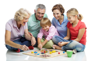 Multigenerational family playing a board game, sharing laughter and creating memories in a relaxed and happy setting png