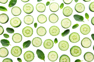 Healthy and refreshing cucumber slices paired with mint leaves, creatively displayed in a flat lay composition png