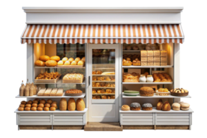 Front view of a local bakery with assorted breads, pastries, and baked goods neatly displayed under striped awning png