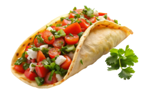 A tasty wrap filled with fresh chopped vegetables, tomatoes, lettuce, and a sprinkle of cilantro in a soft, warm flatbread shell png