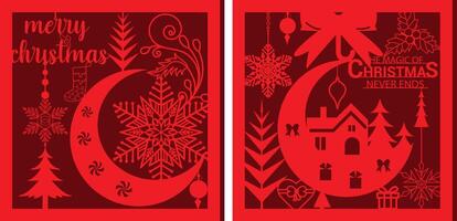 Christmas gift card 2 layer with Christmas snowflake, moon,Christmas tree, bow and Christmas text Merry Christmas. vector