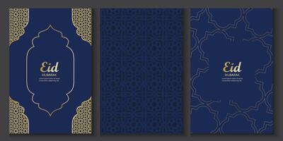 eid mubarak or ramdan kareem greeting cards set with golden pattern on blue background vector