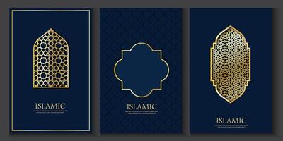 set of islamic banners set with gold and blue designs and copy space for text vector