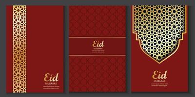 eid mubarak greeting cards set with golden pattern on red background vector